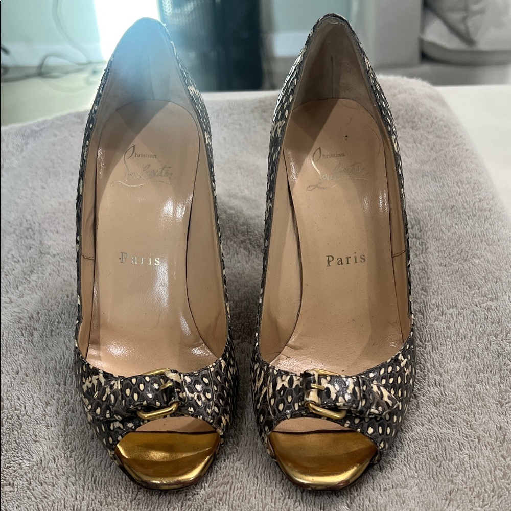 Christian Louboutin Black and Gold Peep Toe Heels